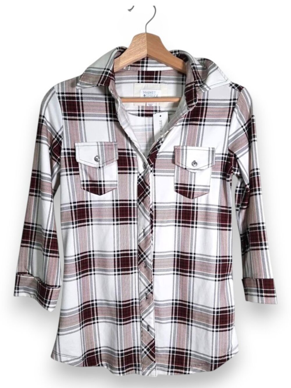 Market And Spruce Red White Plaid Button Down Stretch Knit 3/4 Sleeve Size XS